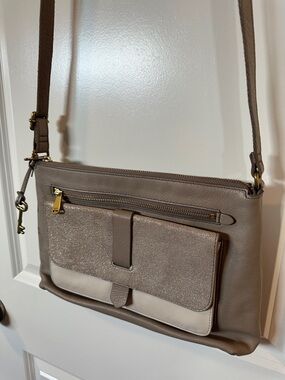 Fossil Taupe and Cream Leather Crossbody with Front Pocket
